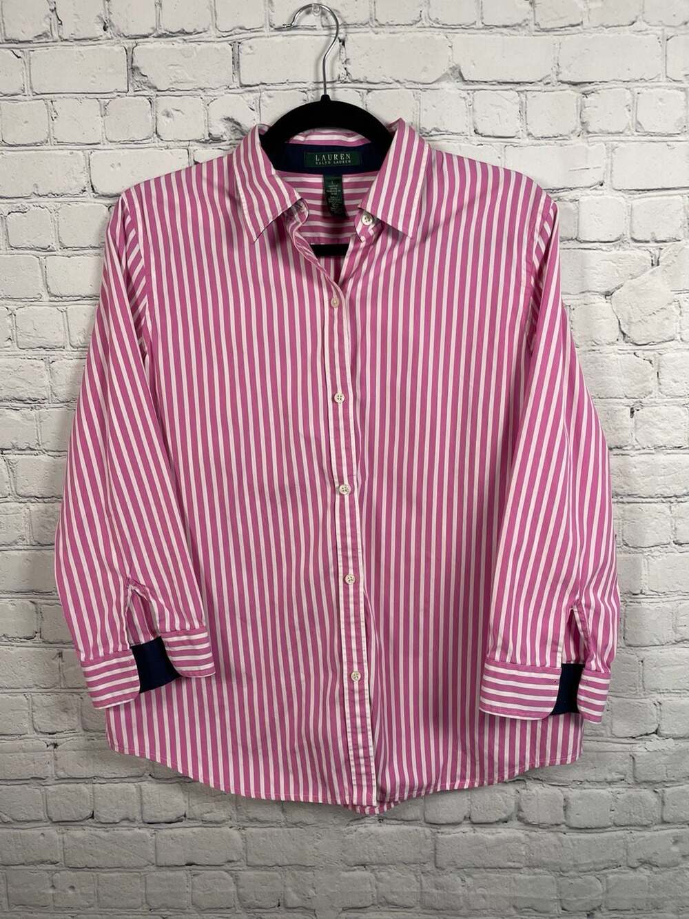 Lauren Ralph Lauren Pink Striped 3/4 sleeve Button Down Shirt Size L